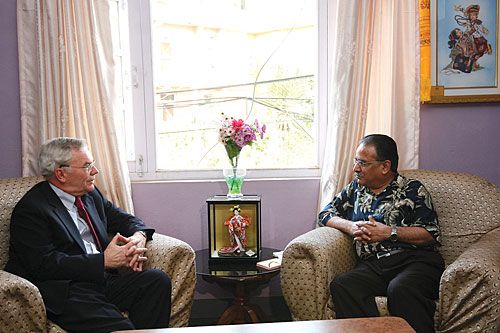 LET'S TALK: United Nations Under-Secretary General for Political Affairs, B Lynn Pascoe, met Maoist Chairman Pushpa Kamal Dahal at his residence on Wednesday.