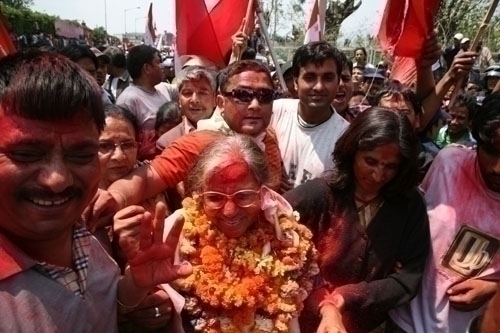 Kathmandu constituency 5 winner, Nepali Congress candidate Subhrabha Ghimire, with relatives and supporters.