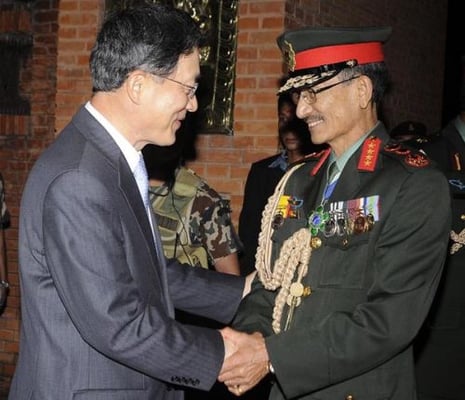 FAREWELL: Ambassador of the Republic of Korea, Hong Sungmog, bids farewell to Chief of Army Staff Chhattra Man Singh Gurung at Tribhuban International Airport as he leaves for Seoul to attend the 13th Annual Asia-Pacific Chiefs of Defense Conference on Monday.