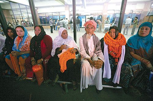 PILGRIMS PROGRESS: Devotees from the Muslim community wait at Tribhuvan International Airport to travel to Mecca and Medina in Saudi Arabia as part of the hajj pilgrimage.