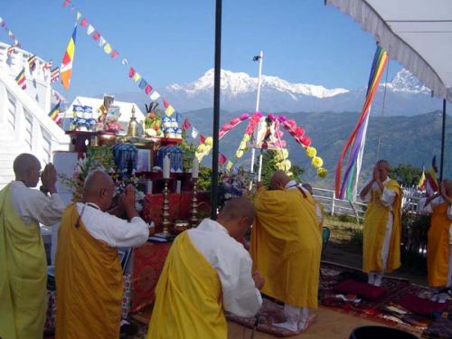 PRAYER FOR PEACE: Monks in a pagoda at Pumdibhumdi in Kaski participate in a special religious ceremony to celebrate the 11th year of the World Peace Pagoda in Pokhara.