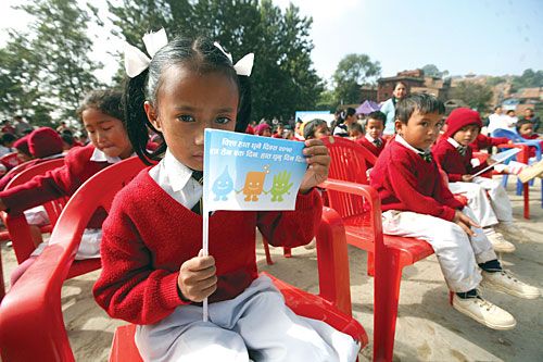 SQUEAKY CLEAN: Children celebrate Global Hand Washing Day on Friday at Changu Narayan, Bhaktapur, in a program organised by UNICEF and WaterAid. Around 88 per cent of diarrhoeal deaths in Nepal are attributed to lack of safe drinking water, sanitation facilities and proper hand-washing.
