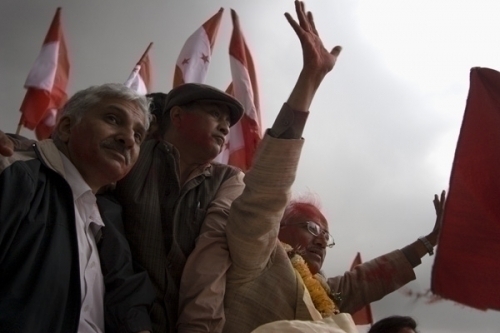 HOLDING THE FORT: Kathmandu Constituency 5 NC winner Narhari Acharya waves to his supporters as he leaves BICC, Baneswor.