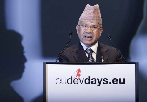 INTERNATIONAL ADDRESS: Caretaker Prime Minister Madhav Kumar Nepal addresses the audience at the EU Development Days, being held at the Square Convention Centre in Brussels on Monday.
