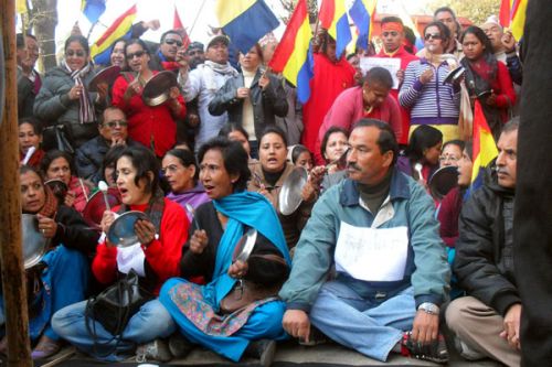 PRICE HIKE PROTEST: RPP-N's President Kamal Thapa and his party members stage a sit-in protest against the fuel price hike in front of Nepal Oil Corporation on Sunday.