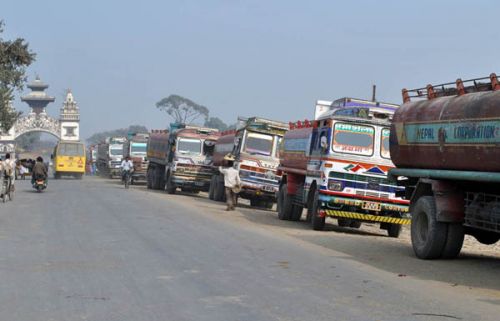 ON QUEUE: Nepal Oil Corporation (NOC) trucks queue at a petrol station in Raxaul on Tuesday. According to NOC, Birgunj branch, 80 per cent of all petroleum products consumed in Nepal is sourced from Raxaul.