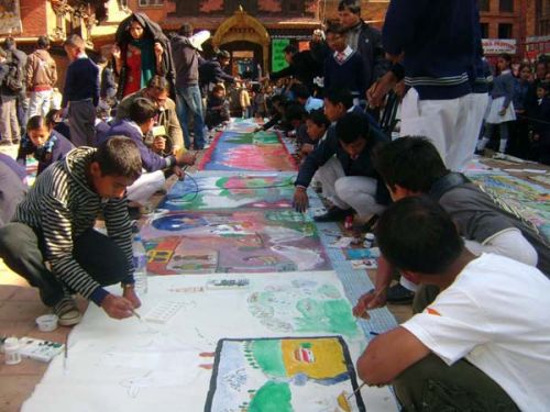 WORLD RECORD: National Initiative for Peace and Child Rights Nepal, Save the Childern and Taumadi Youth Club organised a program in Bhaktapur on Saturday for students to paint the longest painting in the world on peace and child rights.