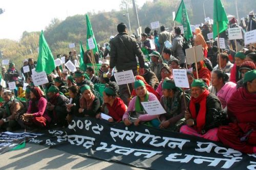 STOP AMENDMENT: Federation of Community Forestry Users Nepal (FECOFUN) staged a sit-in protest on on Friday in front of the Constituent Assembly building, demanding that the process to amend Forest Act 1988 be immediately stopped.