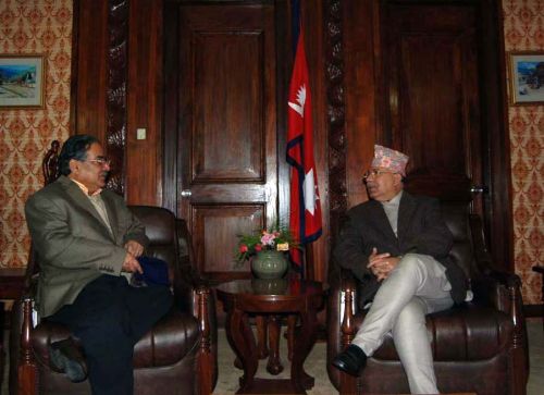 FACE TO FACE: Prime Minister Madhav Kumar Nepal and Maoist chairman Pushpa Kamal Dahal held a meeting in Singha Darbar on Wednesday. During the meeting PM Nepal urged Dahal to support the government to form a mechanism for the integration and rehabilitation of Maoist army combatants after UNMIN's departure.