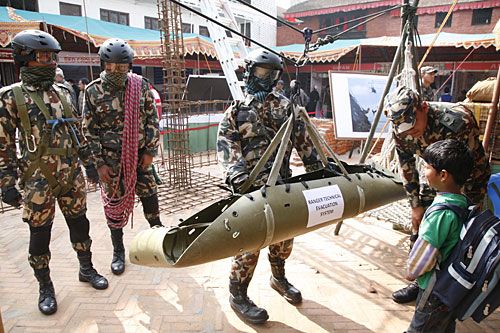 SAVE ME: The Nepal Army demonstrates post-quake rescue equipment at the Earthquake Safety Exhibition at Basantapur on Sunday to mark Earthquake Safety Day.
