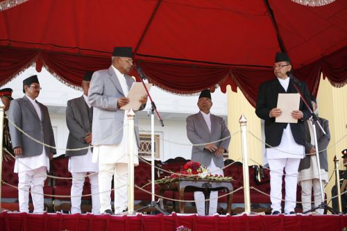 I SWEAR: UML Chairman Jhala Nath Khanal is sworn in as prime minister by President Ram Baran Yadav, Sunday.