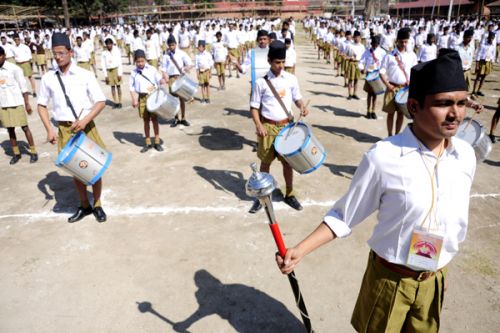 BAND TOGETHER: The Hindu Volunteer's Association celebrates its 20th Anniversary at the grounds in Bankali forest, Pashupati temple premises. Mohan Bhagwat, chief of National Volunteer's Organisation, India, had attended the event.