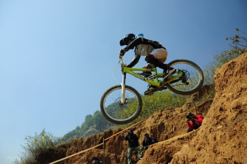 SPEEDING DOWN: A cyclist at the Series II of the National Downhill Championship, organised by Nepal Cycling Association and Chains Inc. at Hattiban.