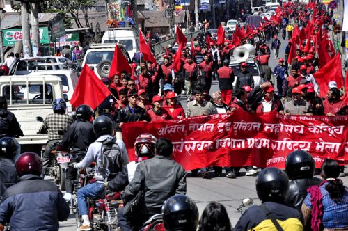 ONE WAY: A rally of the Workers' Volunteers of All Nepal Trade Union Federation at Thapathali on Monday, progressing towards Lalitpur for their first national conference. The conference was addressed by Maoist Chairman Pushpa Kamal Dahal