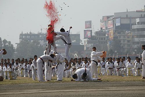 HI-YA! Students from Birendra Sainik Residential Higher Secondary School perform martial art stunts at a program organised to celebrate Army Day on Wednesday, in Tundikhel.