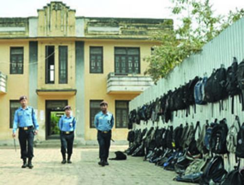 LUGGAGE AREA: Bags wait outside Shri Madan Smarak Higher Secondary School, Pulchok, on Thursday. It was the first day of the SLC examinations, which 496,243 students are sitting for this year in 1,672 centres.