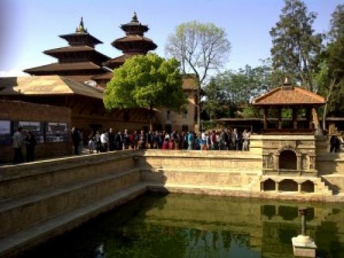 Patan Durbar with the restored Bhandkhal Pond on Monday. Kathmandu Valley Preservation Trust unveiled its restoration of the Bhandarkhal Temple after three years of painstaking restoration efforts.