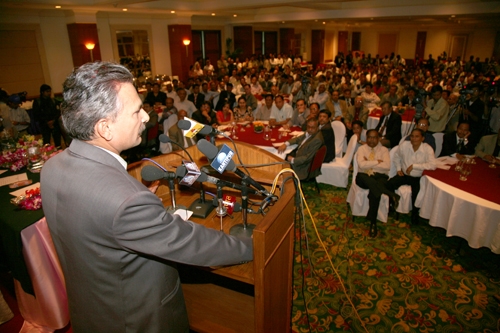 PACKED HOUSE: Baburam Bhattarai speaks to the business community at a gathering organised by the FNCCI in Kathmandu on Thursday.