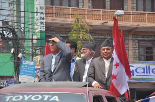 WHAT'S AHEAD? Nepali Congress leaders Sher Bahadur Deuba, Sushil Koirala and Ram Chandra Poudel head towards to a gathering organised by the party in Chipledhunga, Pokhara, to starts its nationwide awareness campaign for peace and statute.