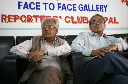 REPUBLICAN DUO: Maoist leader Ram Bahadur Thapa Badal and victorious NC candidate from Kathmandu Narhari Acharya before talking to reporters on Sunday in Kathmandu.