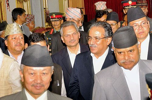 SHINY LEADS: President Ram Baran Yadav, Prime Minister Jhala Nath Khanal and other political leaders head towards the refreshment area, after the oath taking ceremony for the 14 newly appointed ministers, Wednesday evening.
