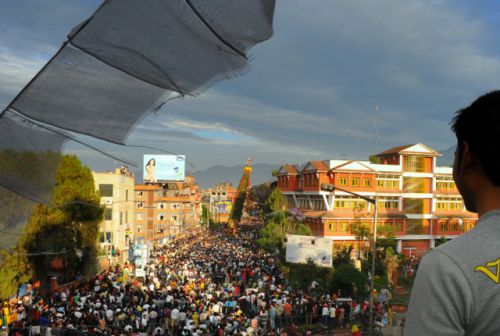 BRING ON THE RAIN: The Red Machhendranath chariot procession at Pulchok, Lalitpur, on Saturday. Red Machhendranath is believed to be the god of rain and prosperity.