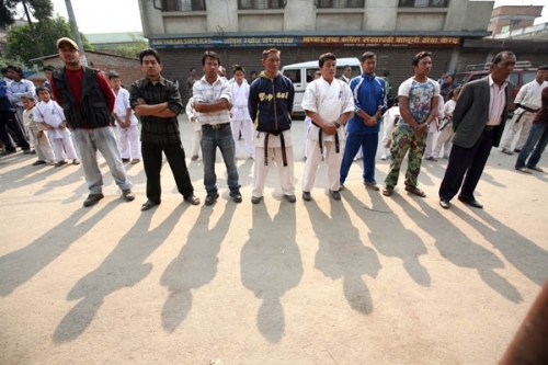 WELCOME COMMITTEE: Members of Lagankhel Youth Club greet the winners in the three Lalitpur constituencies on Monday morning. The winners in all three Lalitpur constituencies were Maoist.
