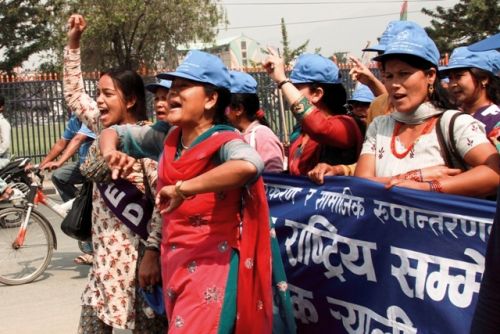 FED UP: Supporters of the Feminist Dalit Organisation (FEDO) rally to City Hall Wednesday morning for the first of the three-day National Conference of Dalit Women