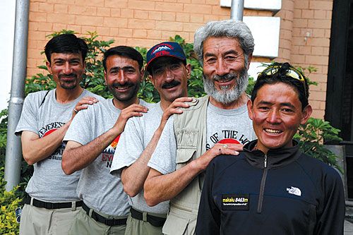 SUCCESSFUL ASCENT: Hassan Sadpara (centre), a Pakistani mountaineer who successfully climbed Mount Everest last week, with Mingma Sherpa and his team at a program organised by the Pakistani Embassy on Wednesday.
