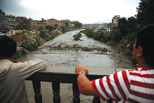 FLOOD! The Bishnumati water level rises after thunder showers last week.