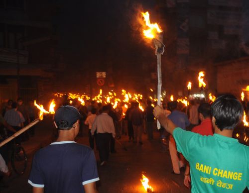 FIRED UP: The National Chettri Andolan Committee organised a torch rally from Ratnapark on Sunday evening, ahead of the two day banda called by the committee. They have been demanding indigenous identity to Chhetris, reservation in state agencies and a different Khas Chhetri state.