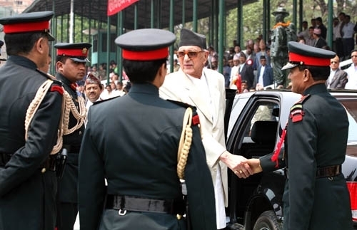 OLD FRIENDS: PM Koirala shakes hands with army chief Rukmangad Katawal at an army display at Tundhikhel on Wednesday, Loktantra Day.