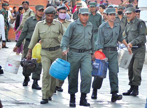 SHOPLIFTERS: The Municipality police confiscate properties of street vendors in Basantapur on Wednesday.