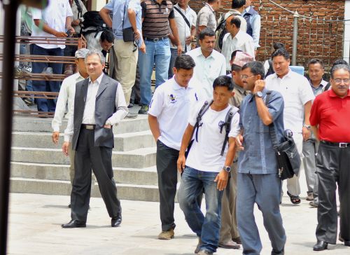 Almost out of picture: Maoist chairman Pushpa Kamal Dahal and vice chariman Baburam Bhattarai at the meeting of PLA commanders at Naya Bajar on Wednesday