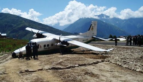 BELLY LANDING: The Tara Air cargo Dornier that skidded off the runway at Simikot Friday morning. No one was hurt.
