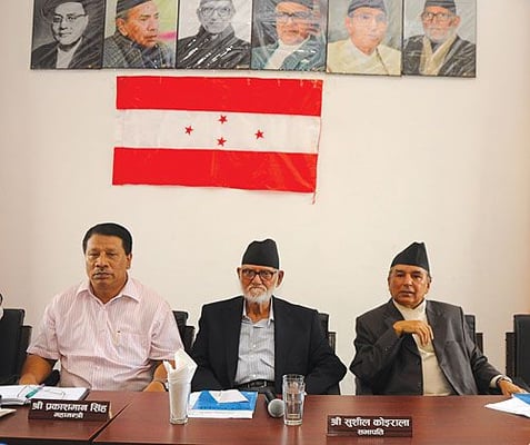 NOW WHAT? NC leaders Prakash Man Singh, Sushil Koirala and Ram Chandra Poudel at the party's CWC meeting on Tuesday at the party headquaters in Sanepa.