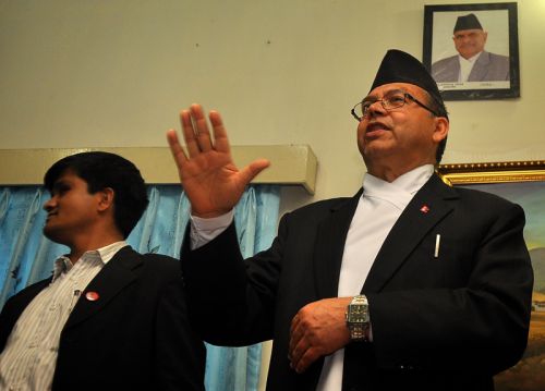 TESTING TIMES: Prime Minister Jhala Nath Khanal (C) speaks with the media during the news conference at PM residence in Baluwatar on Sunday.