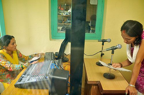 HELLO KATHMANDU: Two trainee RJs practice at a studio in South Asian College of Media Technology, Kupondole, on Tuesday. The two are taking a radio technology training, supported by Helvetas Nepal, for students who have not cleared their SLC examintaion.