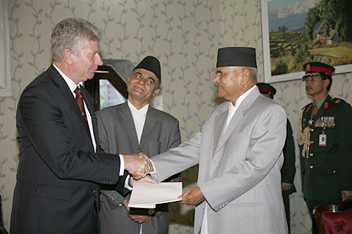 WON'T YOU STAY? Canadian Ambassador to Nepal Stewart Beck presented his Letter of Credence to President Ram Baran Yadav at Shital Nibas on Sunday.