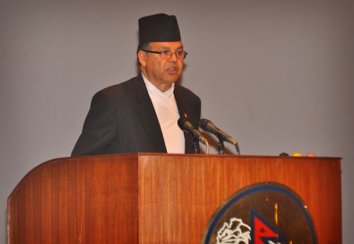 Prime Minister Jhala Nath Khanal is seen as he announces his resignation at the parliament in Kathmandu on Monday.