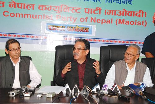NEW PLANS: Maoist Vice Chairman Mohan Baidya, Chairman Pushpa Kamal Dahal and party leader Nara Bahadur Karmacharya at a press meet organised at the party office in Paris Danda. The Maoists rolled out a new proposal for government formation, army integration and the constitution.