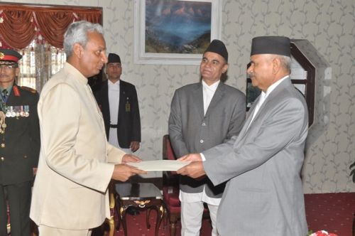 NEW AMBASSADOR: The newly appointed Indian Ambassador to Nepal Jayant Prasad presents his credentials to President Ram Baran Yadav at Shital Niwas on Friday.