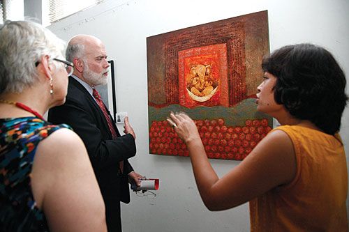 GANESH NAMAHA: Artist Bidhata KC gives US Ambassador to Nepal, Scott DeLisi, a tour of the Sri Ganesh exhibition at Nepal Art Council on Thursday. More than 45 interpretations of lord Ganesh by various artists were exhibited.
