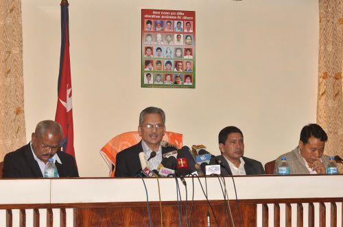 RELIEF:Prime Minister Baburam Bhattarai addressing media queries after government declared its relief program on Friday. The program includes provision for immediate return of seized properties and relief package to the victims of the political conflict.