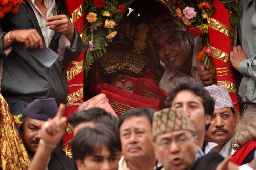 DIVINE CHARIOT: Living Goddess Kumari takes a tour on her chariot during the Indra Jatra festival in Kathmandu on Sunday.