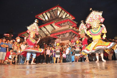 DIVINE DANCE: Masked dancers perform during the Indra Jatra festival at Basantapur Darbar Square on Sunday.