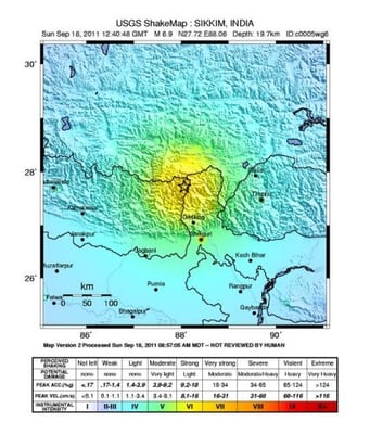 kundadixit Kunda Dixit This shake map of the US Geological Survey shows the epicentre of the 6.8 Richter earthquake that hit Nepal and India to be directly under the Nepal side of Mt Kangchenjunga