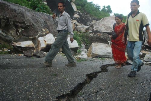 CRACKED: A section of the Dharan-Dhankuta road at Bhedetar cracked open after the earthquake on Sunday evening. A total of 80kms of road was damaged in two sections in the stretch.