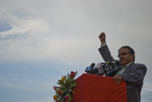 Maoist chairman Pushpa Kamal Dahal addresses the crowd at a post-republic rally at Khula Manch Friday afternoon.