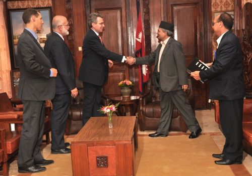 HELLO THERE: Prime Minister Baburam Bhattarai met Principal Deputy Assistant Secretary of State Geoffrey R. Pyatt, Bureau of South and Central Asian Affairs and Ambassador Scott H. Delisi at the PM's office in Singa Darbar on Monday.